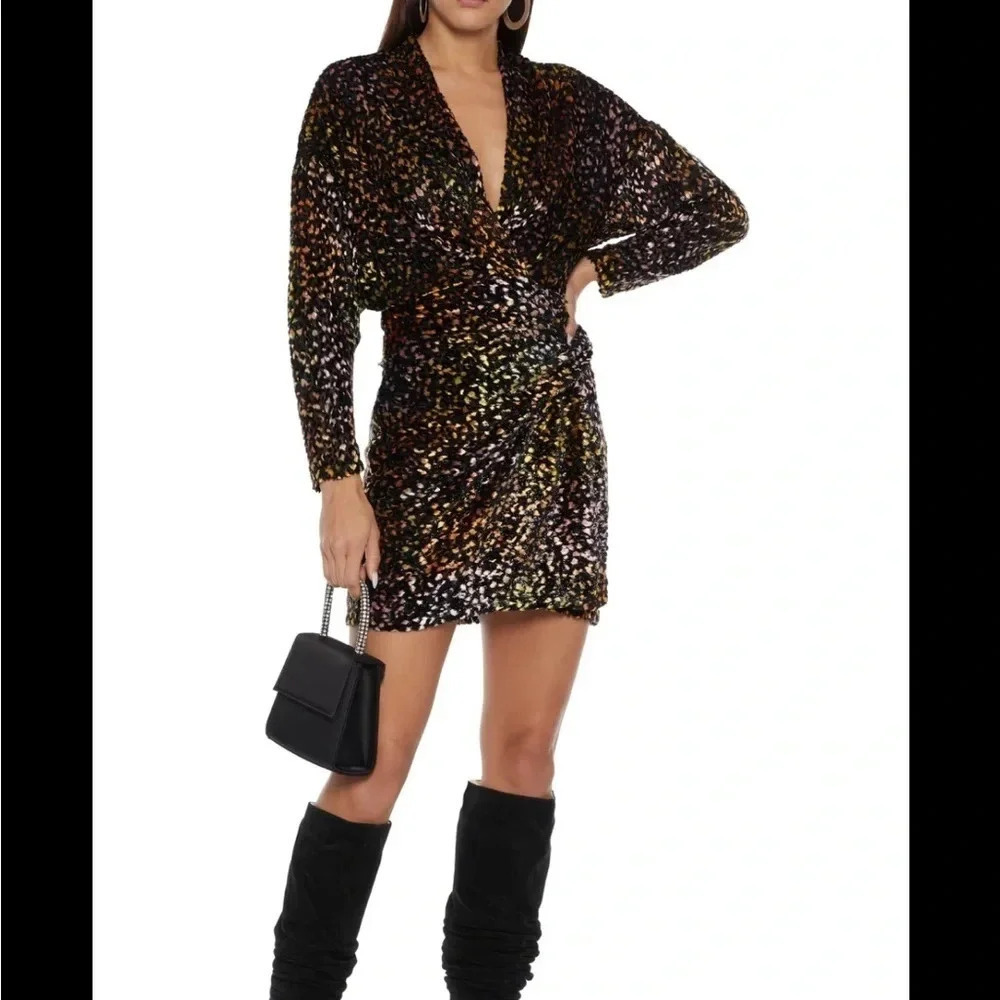 IRO Mielan velvet leopard wrap effect metallic Devore mini dress